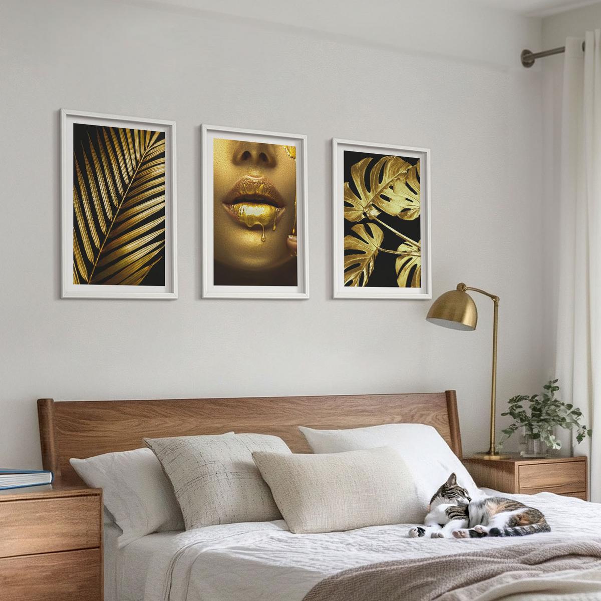 BILDER SET 3er Set - 40x60 cm Weißer Rahmen - Mund einer Frau mit Monstera-Palme - Weiß, Kunststoff (40/60cm) - TULUP
