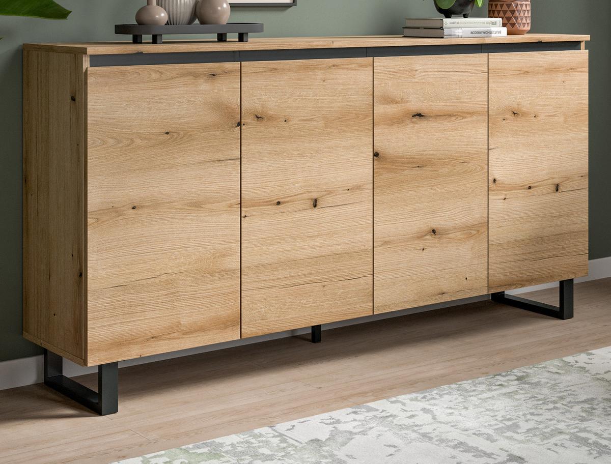 SIDEBOARD Evoke Eiche mit schwarz, Kommode 4-türig 160 x 84 cm mit Soft-Close - Eichefarben/Schwarz, Holz/Holzwerkstoff (160/84/36cm) - Inn.Furn