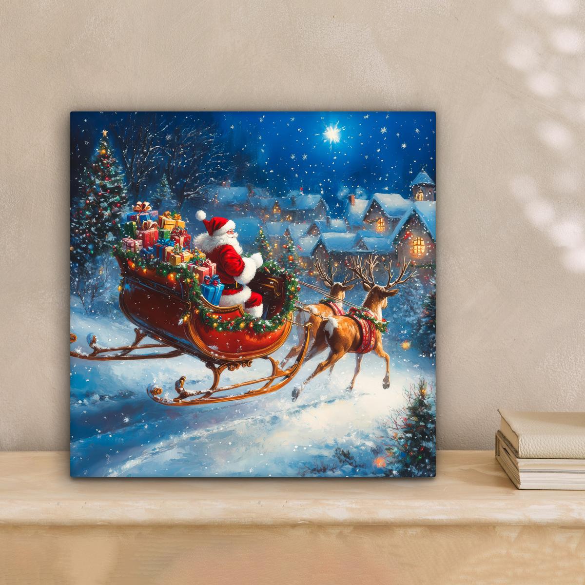 LEINWANDBILD Weihnachtsmann - Rentier - Weihnachten - Schnee Deko Wohnzimmer 20x20 cm - Cognac, Textil (20/20cm) - MuchoWow