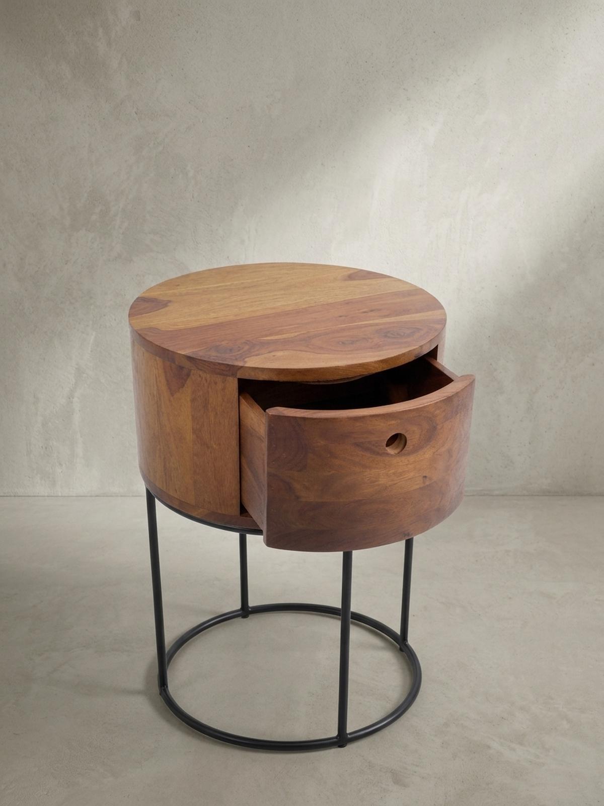 NACHTKONSOLE Massivholz mit Schublade rund Modern Braun - Schwarz/Braun, Holz/Metall (40/60/40cm) - KADIMA DESIGN