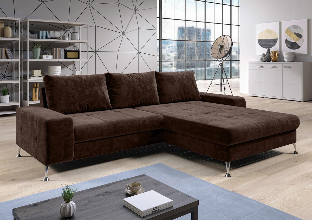 ECKSOFA L Form Artemia Braun Samt 275/192/81 cm – modernes Sofa fürs Wohnzimmer R - Silberfarben/Braun, Textil/Metall (275/192cm) - AX Living