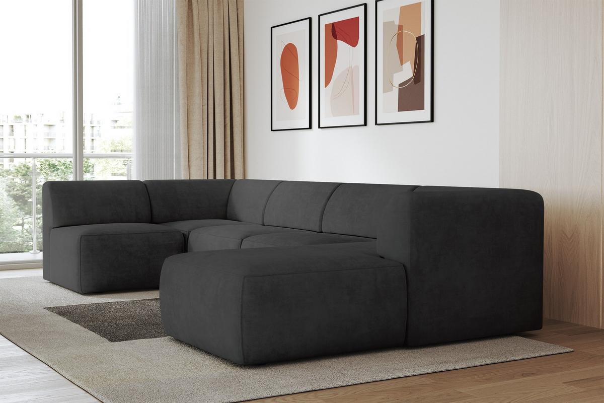 WOHNLANDSCHAFT Ottomane Rechts MOVA 345x180x78 Schwarz Velours - Schwarz, Holzwerkstoff/Kunststoff (345/78/180cm) - ALTDECOR