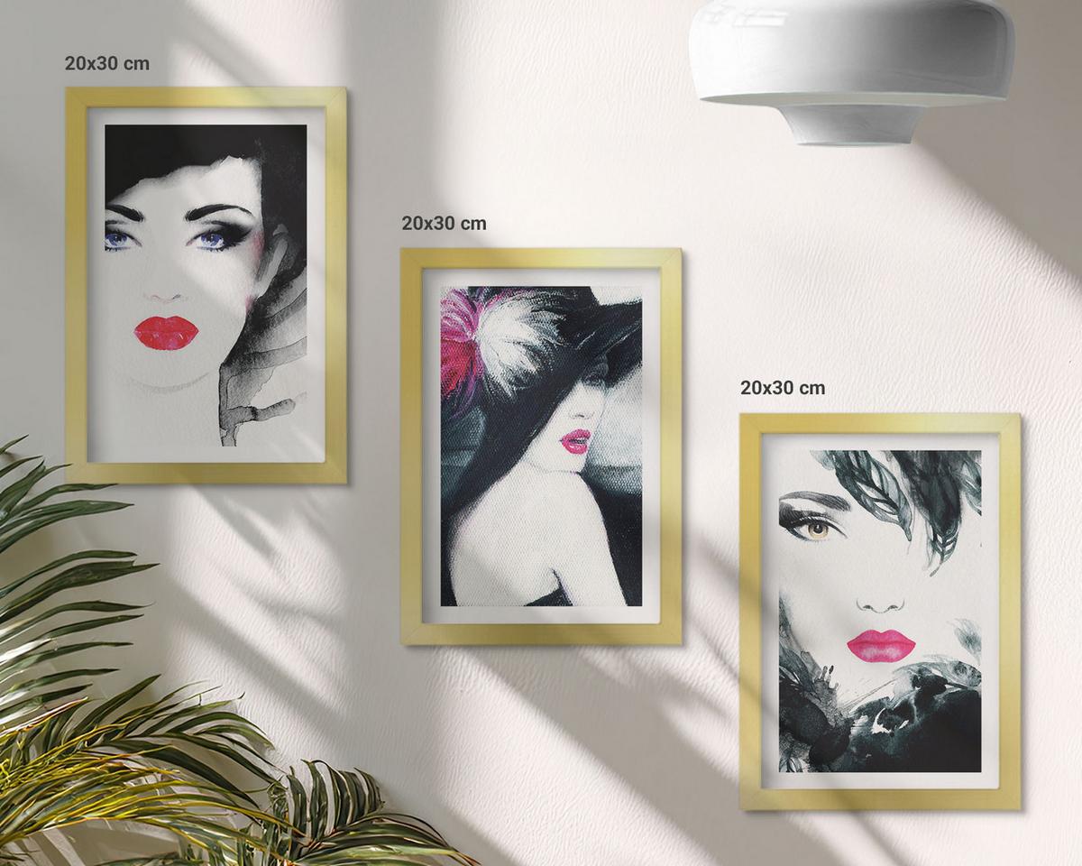 BILDER SET 3er Set - 20x30 cm Goldrahmen - Porträts von Frauen mit Lippen - Goldfarben, Kunststoff (20/30cm) - TULUP