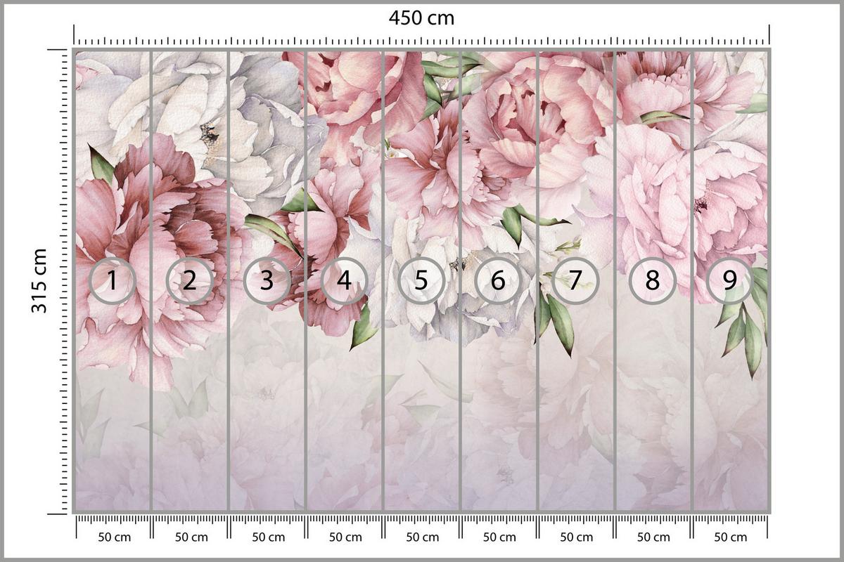 FOTOTAPETE für Badezimmer Zarte Rosa Pfingstrosen Blumen 450x315 - Violett/Rosa, Papier (450/315cm) - Muralo