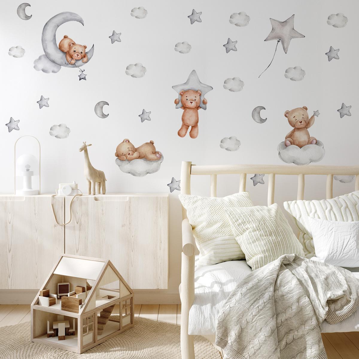 WANDSTICKER SET Teddybären Wolken Sterne Monde 60x30 - Beige/Braun, Papier (60/30/1cm) - Muralo