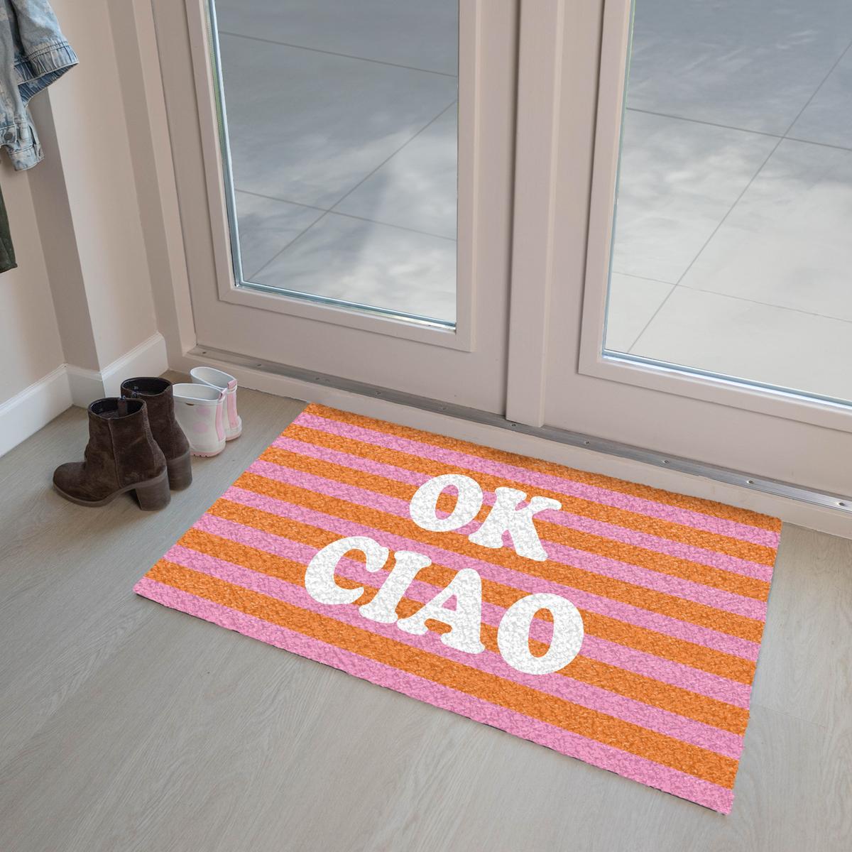 FUSSMATTE Ciao - Zitat - Streifen Sauberlaufmatte 90x60 cm - Orange, Kunststoff (90/0.4cm) - MuchoWow