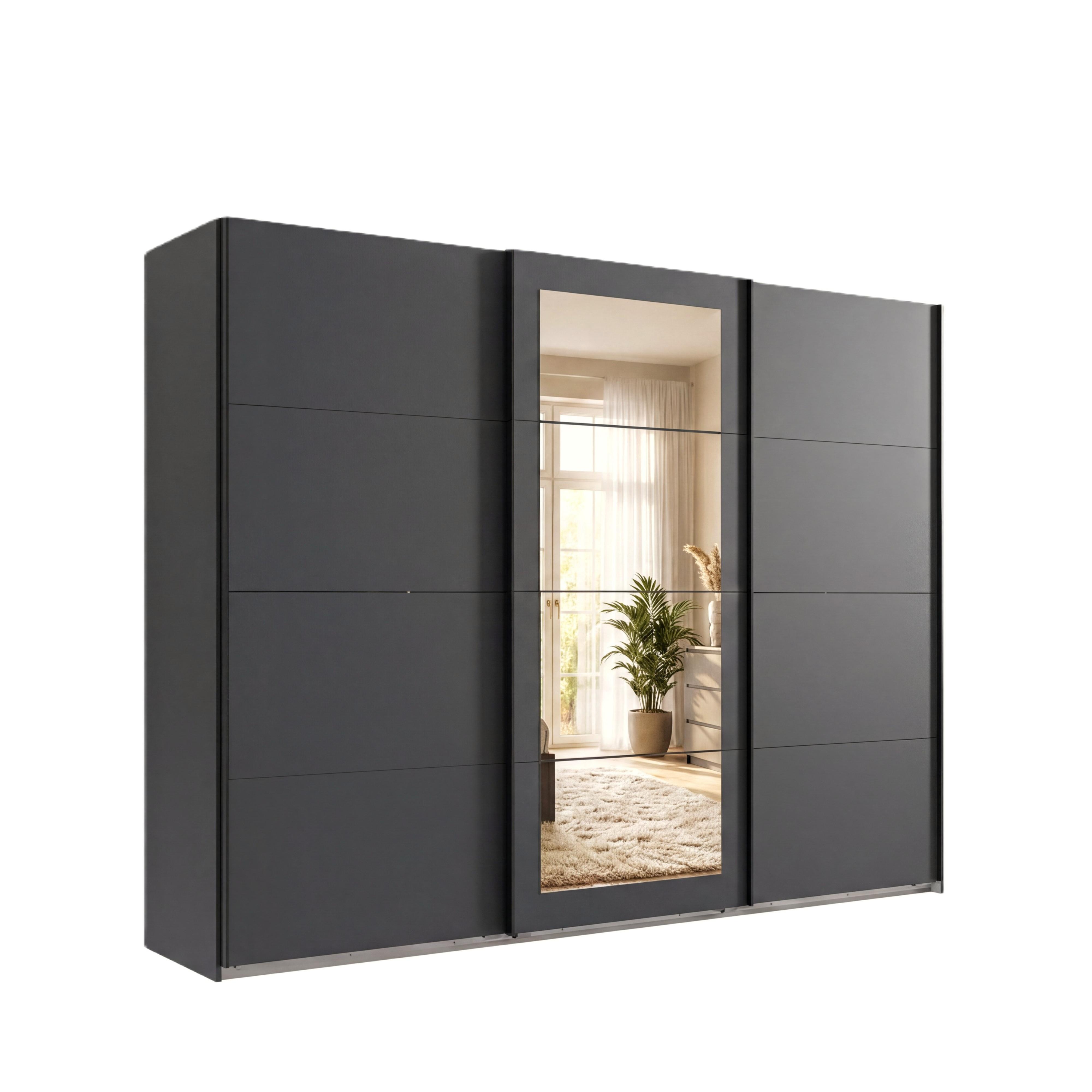 SCHWEBETÜRENSCHRANK 3-türig B270/H208/64 cm Kleiderschrank in Grafit, mittig Spiegel, Griffe Schwarz / 22630 - Graphitfarben/Schwarz, Holzwerkstoff/Metall (270/208/64cm) - luma-home