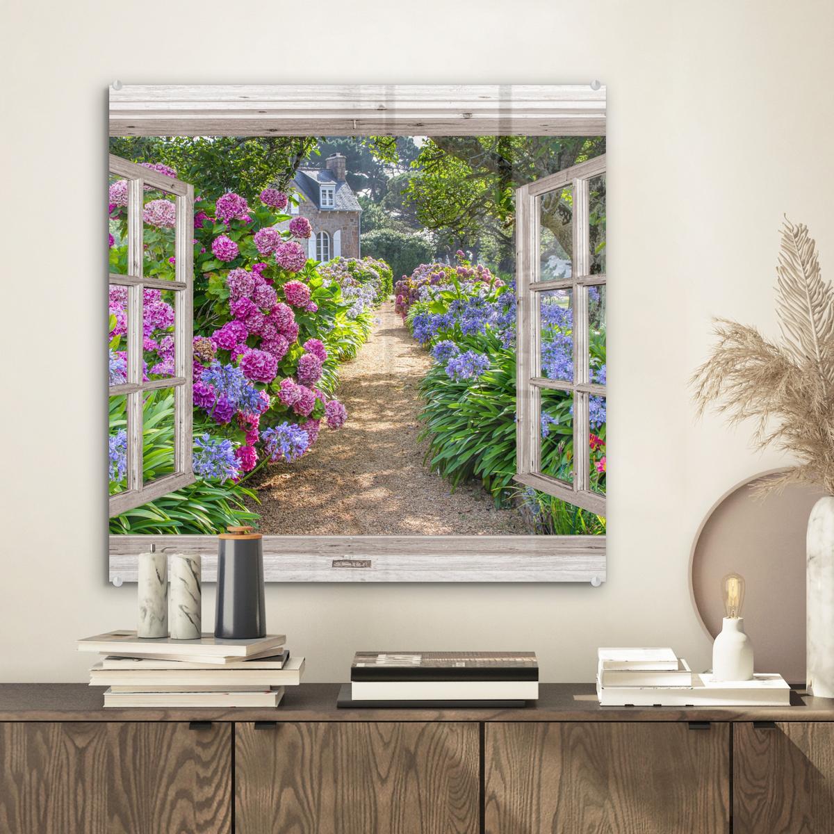 ACRYLGLASBILD Hortensie - Durchsichtig - Blumen - Sommer - Lila - Weg 50x50 cm - Lila, Glas (50/50cm) - MuchoWow