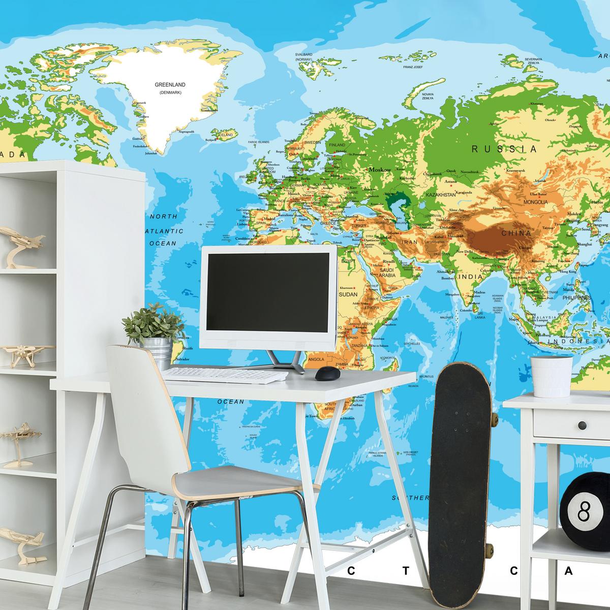 FOTOTAPETE für Wohnzimmer Physische Weltkarte Schriften 350x256 - Blau/Gelb, Papier (350/256cm) - Muralo
