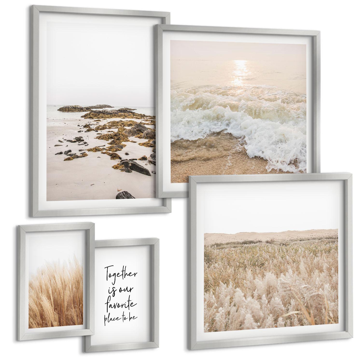 BILDER SET 5er Set - 50x50 cm & 20x30 cm & 40x60 cm Silberner Rahmen - Wiesen, Strand, Boho-Stil - Silberfarben, Kunststoff (40/60cm) - TULUP