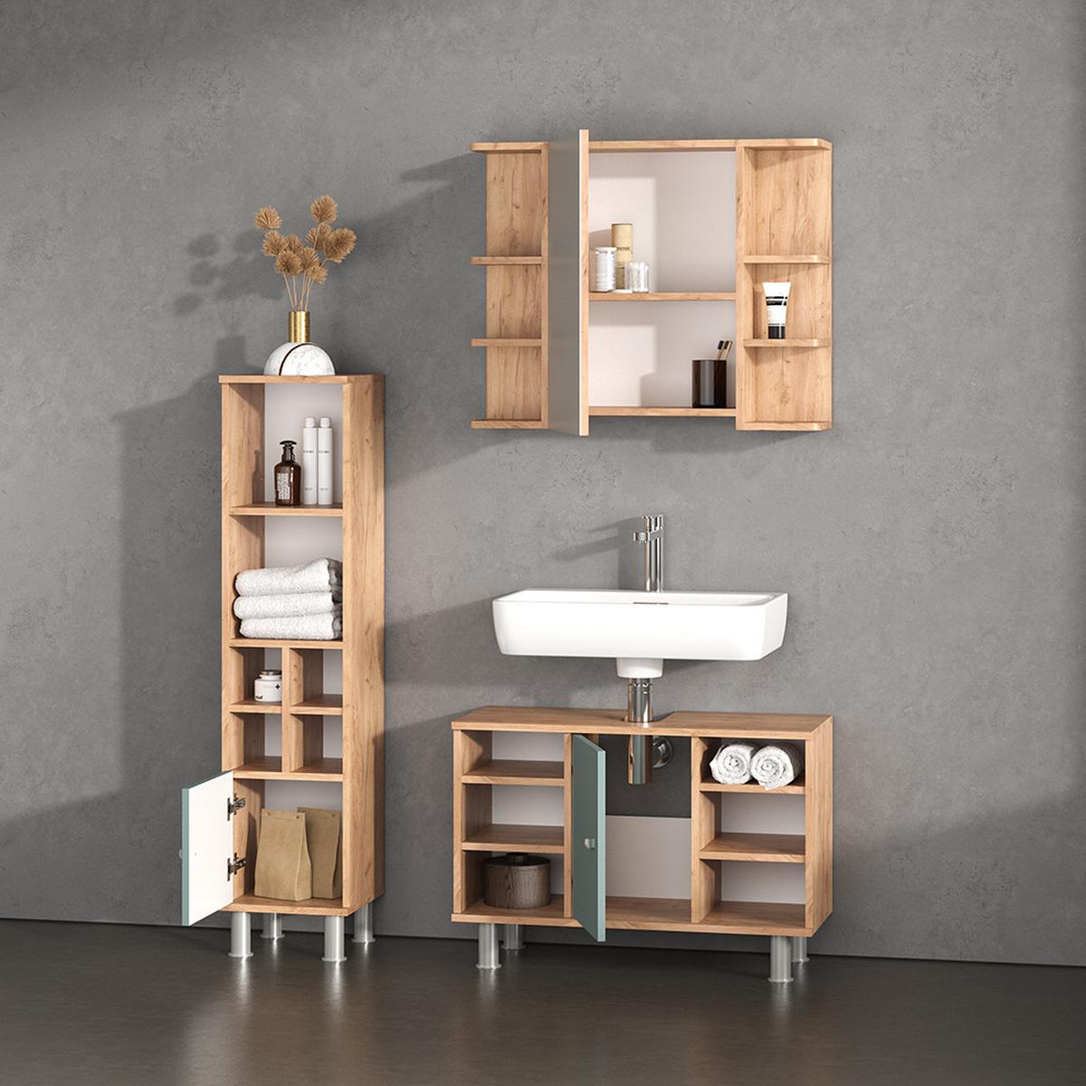 BADMÖBEL-SET Fucino Grün 3 Teile, mit Midischrank Tür klein - Grün, Holzwerkstoff (80/54/32cm) - Livinity®