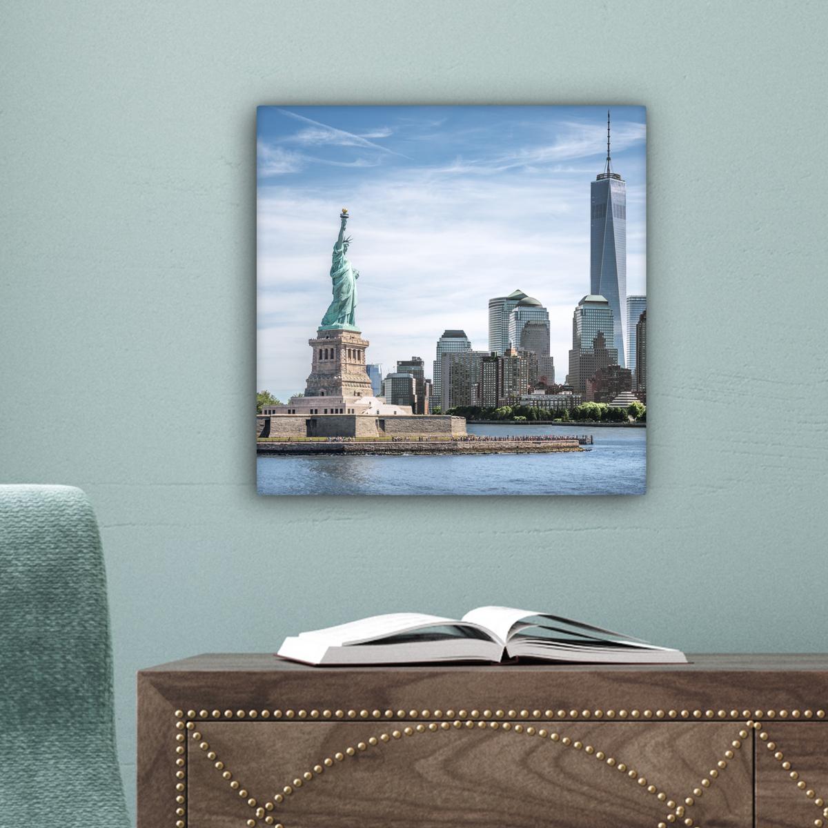 LEINWANDBILD New York - Freiheitsstatue - Wasser Deko Wohnzimmer 20x20 cm - Hellblau, Textil (20/20cm) - MuchoWow
