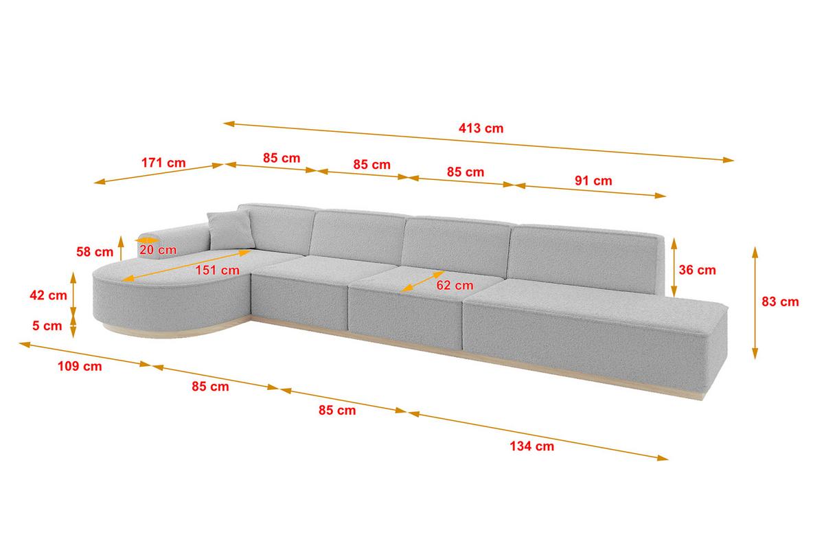 ECKSOFA Ottomane Links ARRIO-L3 - 413x171x83 cm Hellgrau - Hellgrau, Holzwerkstoff/Textil (413/171cm) - ALTDECOR