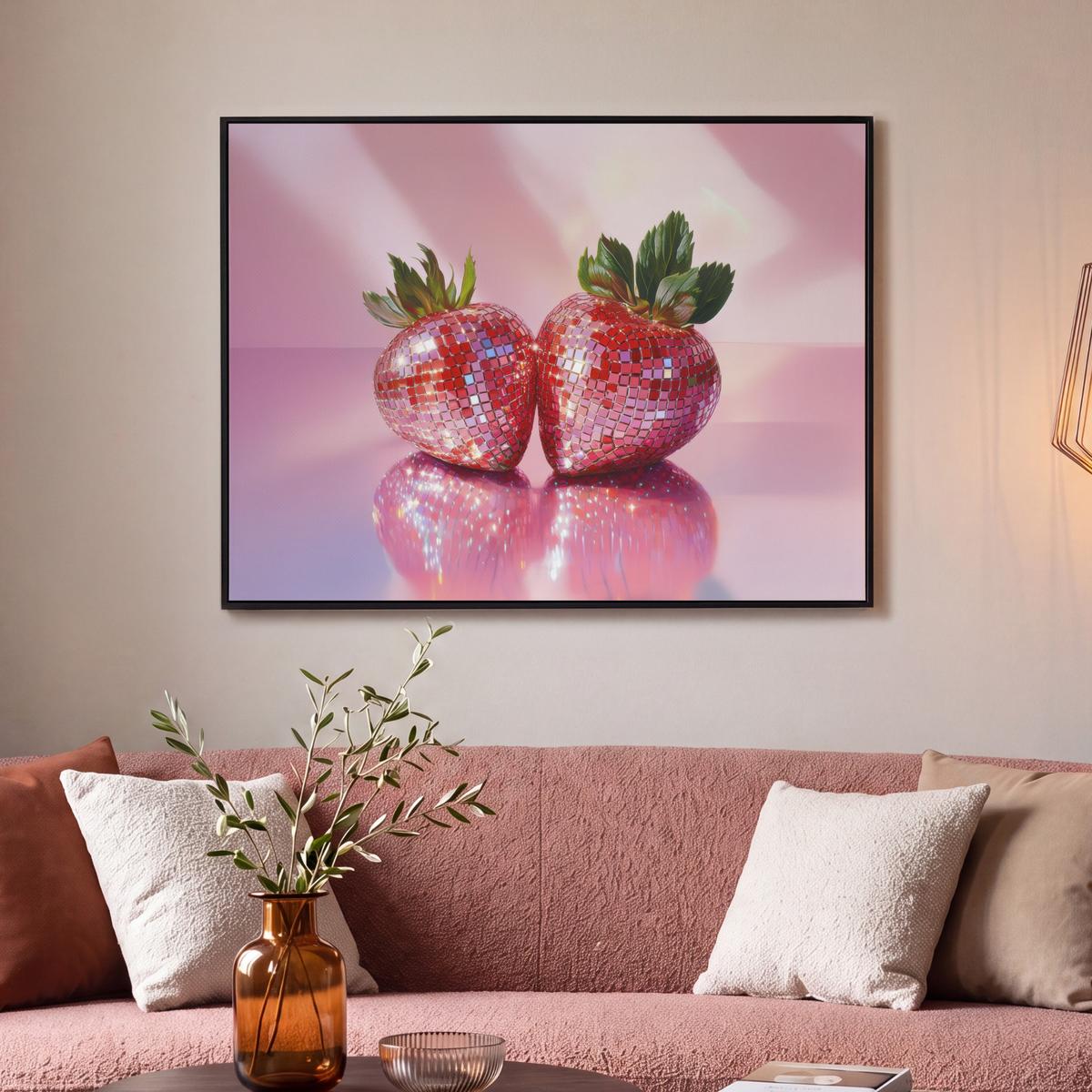 LEINWAND Bilder mit Rahmen - Disco - Obst - Glitzer - Erdbeere - 100x70 - Pink, Textil (100/70cm) - MuchoWow