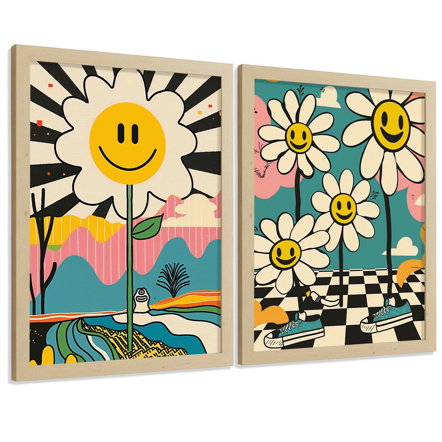 POSTER 4er Kunstdruck-Set Wandbilder Smiley Blume modern Wohnzimmer Deko, Schlafzimmer, Küche, Badezimmer Rahmenlos A3 - Klar, Papier (29.7/1/42cm) - Nacnic