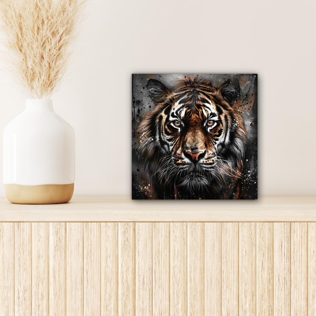 LEINWANDBILD Tiger - Tiere - Porträt - Luxus - Schwarz Deko Wohnzimmer 20x20 cm - Anthrazit, Textil (20/20cm) - MuchoWow