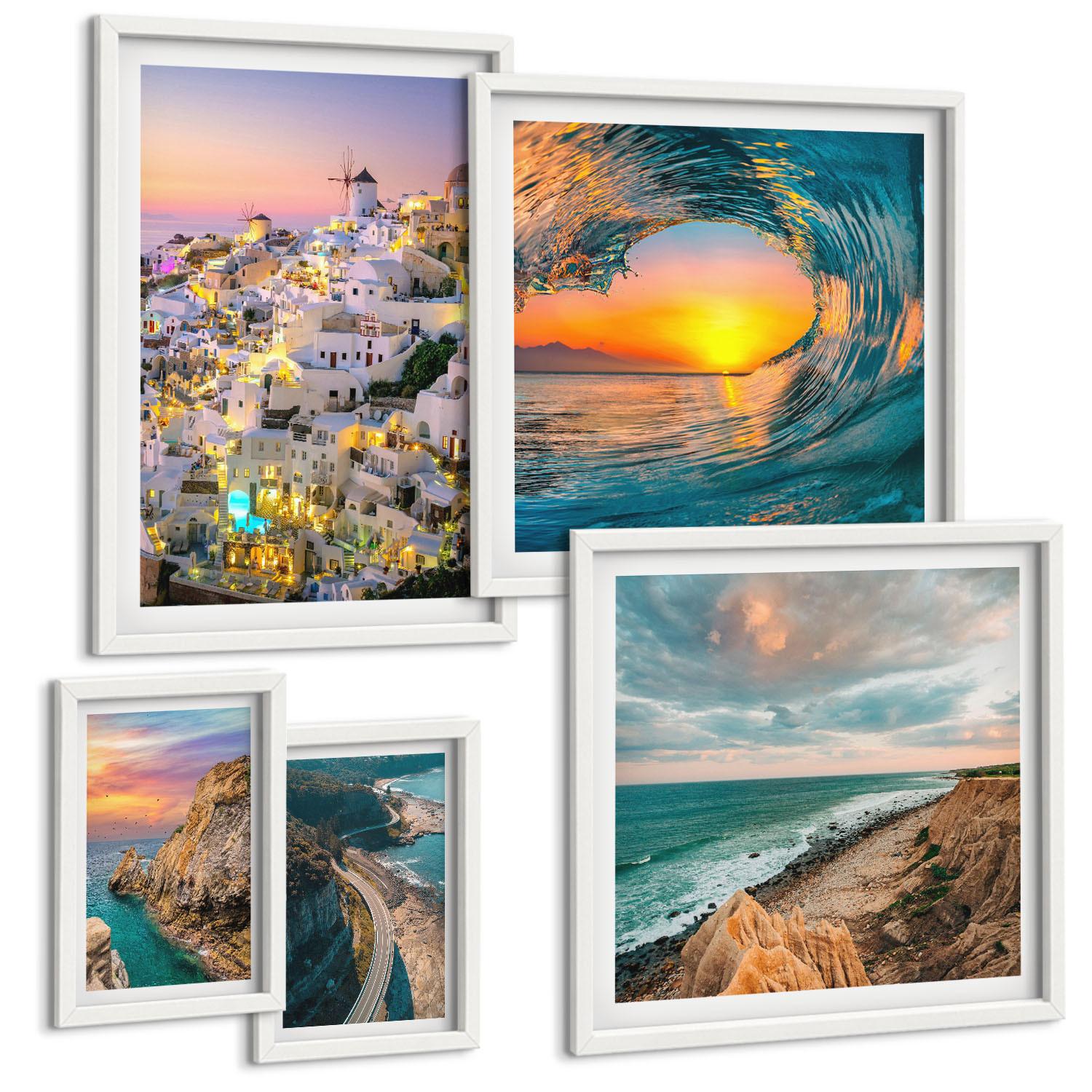 BILDER SET 5er Set - 50x50 cm & 20x30 cm & 40x60 cm Weißer Rahmen - Meereswellen, weiße Häuser, Santorini - Weiß, Kunststoff (40/60cm) - TULUP