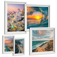 BILDER SET 5er Set - 50x50 cm & 20x30 cm & 40x60 cm Weißer Rahmen - Meereswellen, weiße Häuser, Santorini - Weiß, Kunststoff (40/60cm) - TULUP