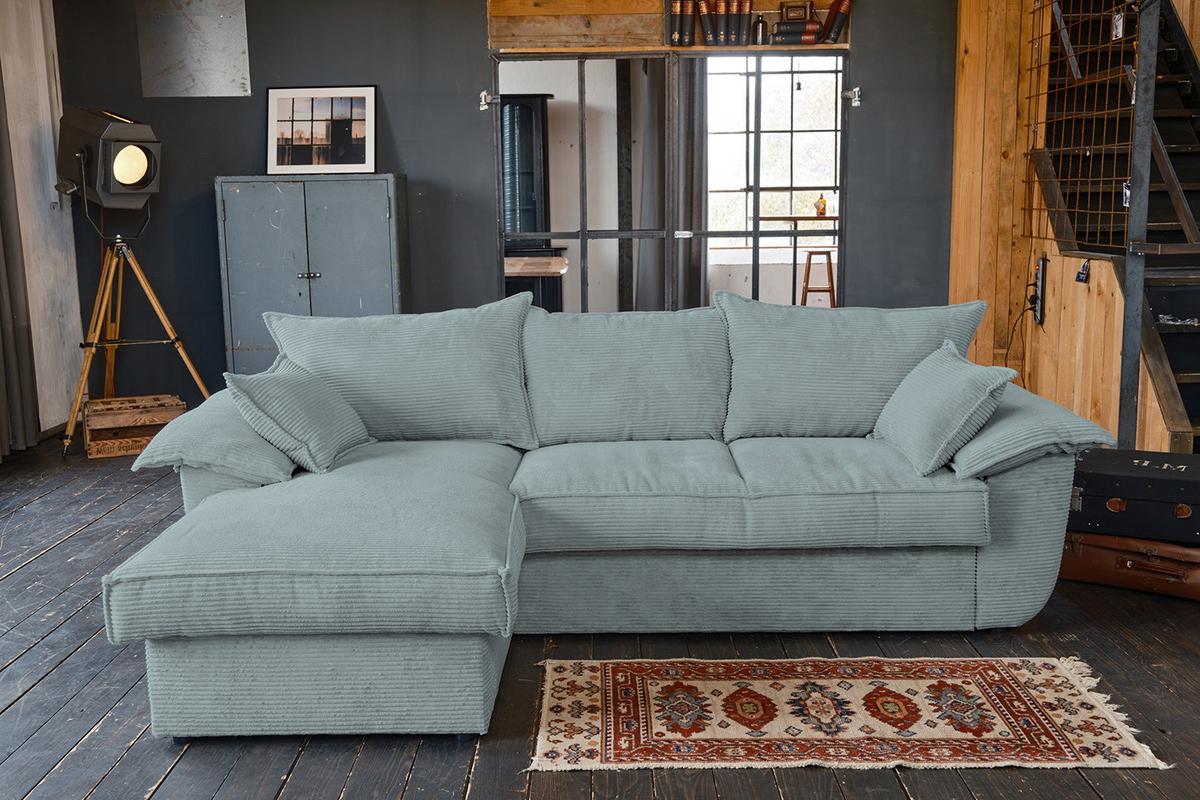 ECKSOFA DAMETO Hellblau Cord Mit Schlaffunktion - Schwarz/Hellblau, Kunststoff/Textil (266/174cm) - KAWOLA