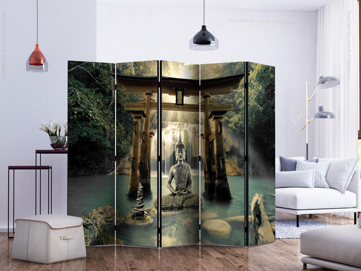 PARAVENT Einseitig Bedruckter 5-tlg 225x172 cm Buddha Wasserfall - Multicolor, Holz/Textil (225/172/3cm) - Muralo