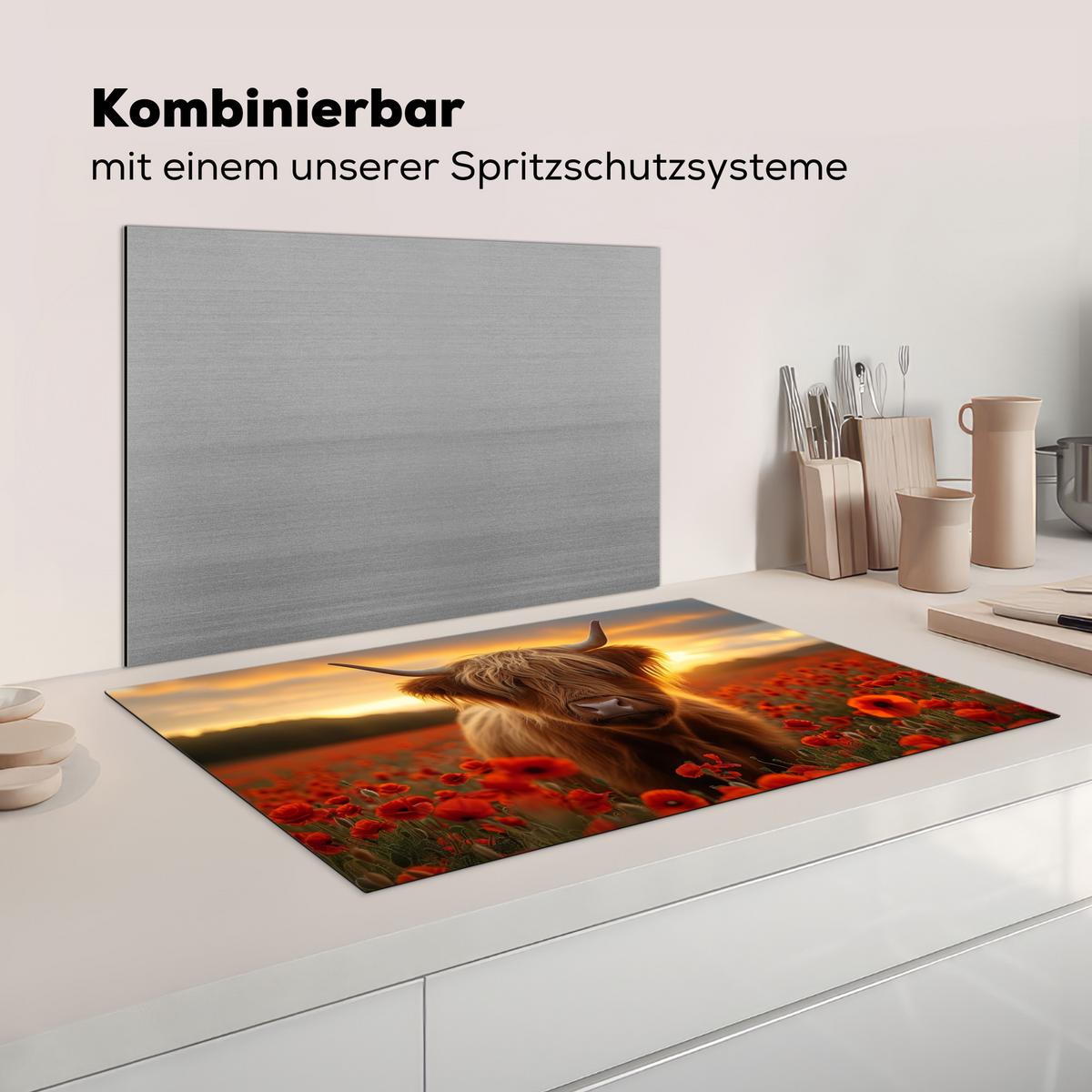 HERDABDECKPLATTE Schottische Highlander - Rosen - Blumenfeld - Sonnenuntergang Ceranfeldabdeckung 85x52 cm - Rotbraun, Kunststoff (85/52/0.2cm) - MuchoWow