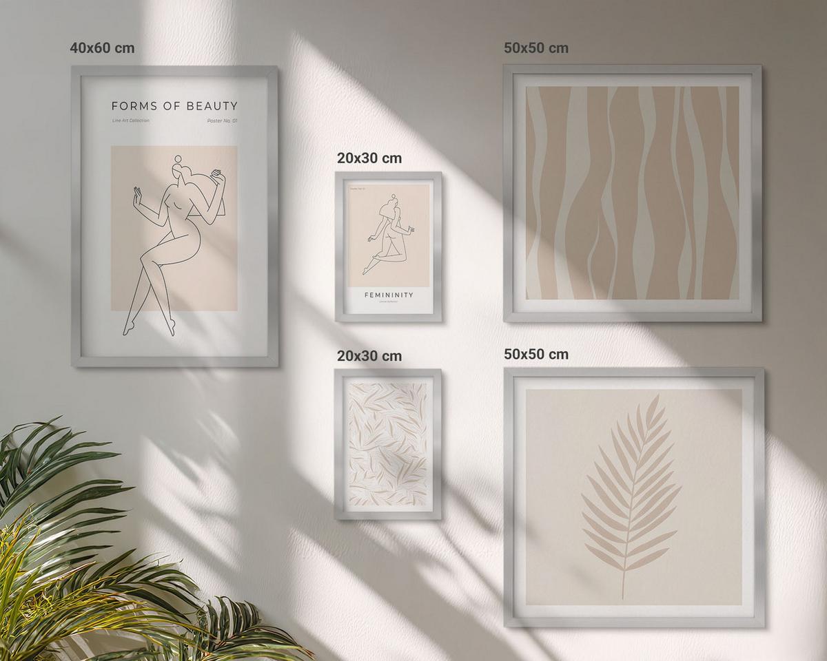 BILDER SET 5er Set - 50x50 cm & 20x30 cm & 40x60 cm Silberner Rahmen - Minimalistische Pflanzenmotive - Silberfarben, Kunststoff (40/60cm) - TULUP