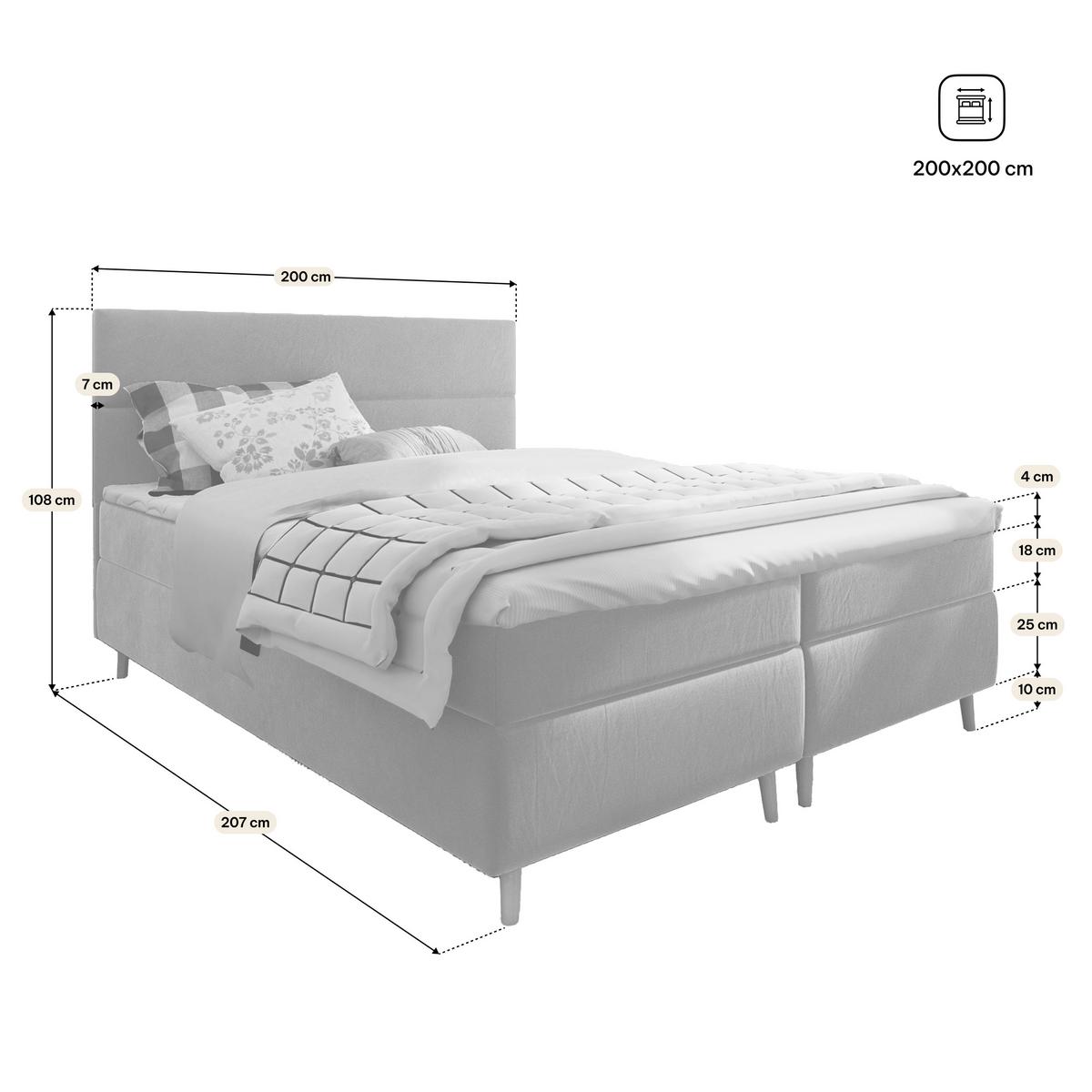 BOXBETT SANTA 200x200 cm mit Matratze und Topper, H2+H3 - Hellgrau - Hellgrau, Holz (200/200cm) - MASSENO
