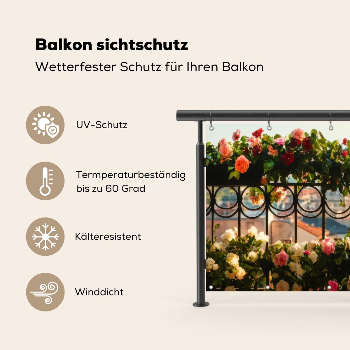 BALKON-SICHTSCHUTZ Blumen - Zaun - Stadtbild - Sommer Witterungsbeständig 200x110 cm - Pink, Kunststoff (200/110cm) - MuchoWow