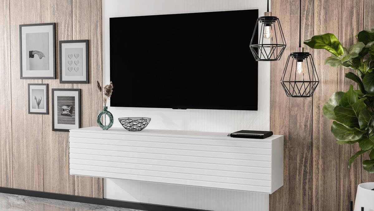 LOWBOARD ZIVOLLI 160 Weiß, Weiße Lamellen 160/34/40 cm – TV-Hängeschrank mit Lamellenfront - Weiß, Holzwerkstoff/Kunststoff (160/34/40cm) - AX Living