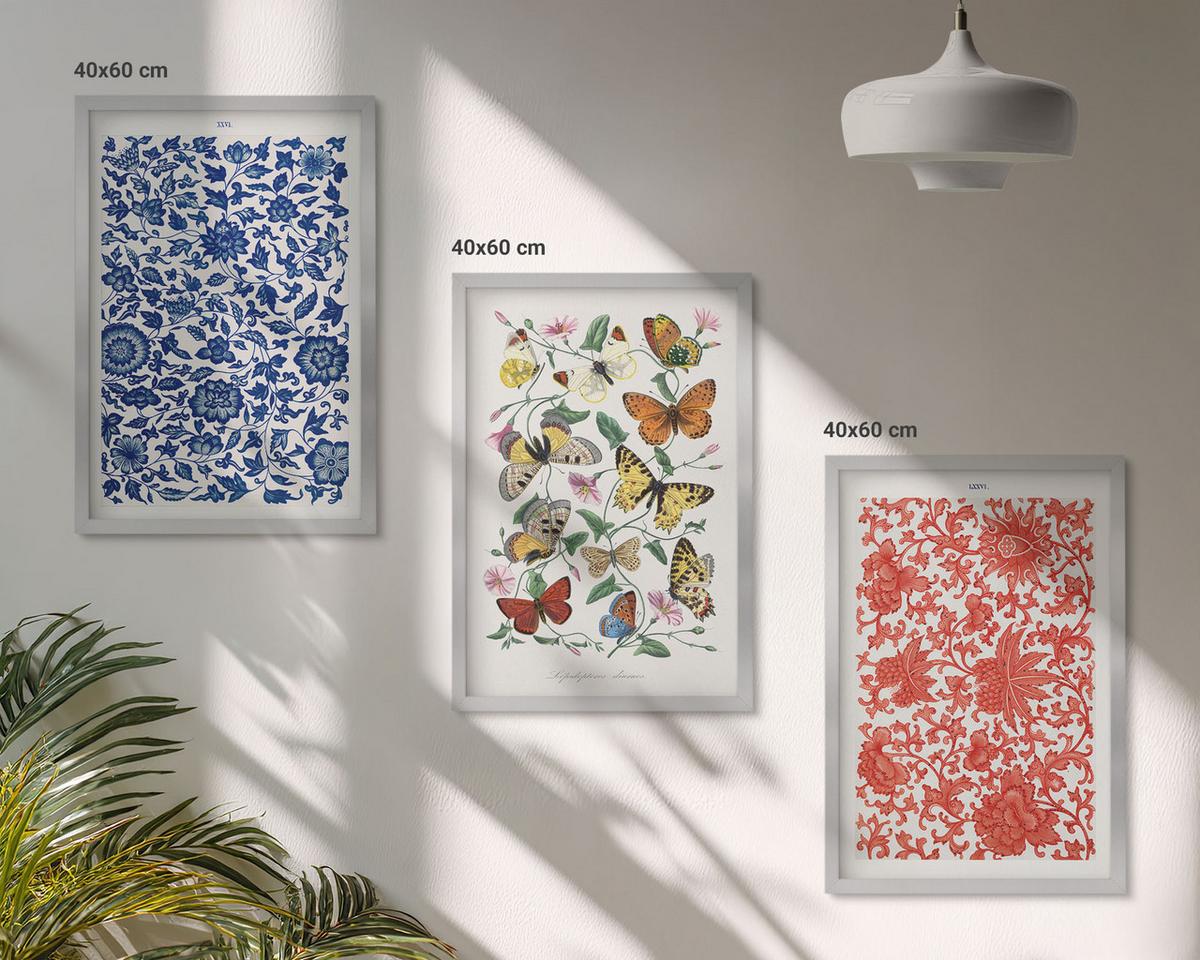 BILDER SET 3er Set - 40x60 cm Silberner Rahmen - Vintage-Blumen-Schmetterlings-Ornamente - Silberfarben, Kunststoff (40/60cm) - TULUP
