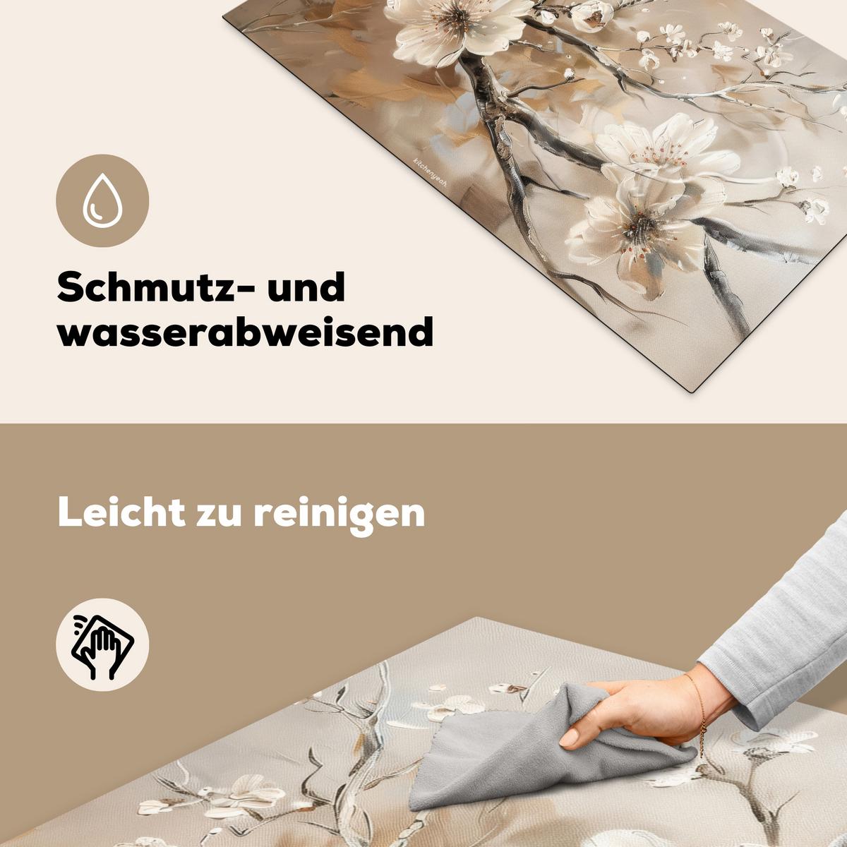 HERDABDECKPLATTE Blumen - Abstrakt - Gemalt - Beige Ceranfeldabdeckung 90x52 cm - Kaschmir, Kunststoff (90/52/0.2cm) - MuchoWow