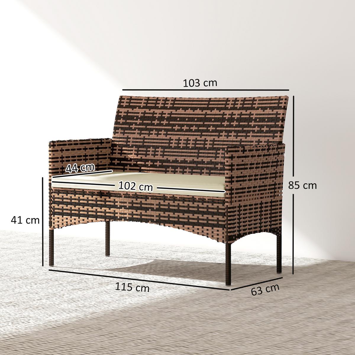 GARTENBANK aus PE-Rattan mit Auflage, Khaki - Beige/Braun, Textil/Metall (63/85/115cm) - Outsunny