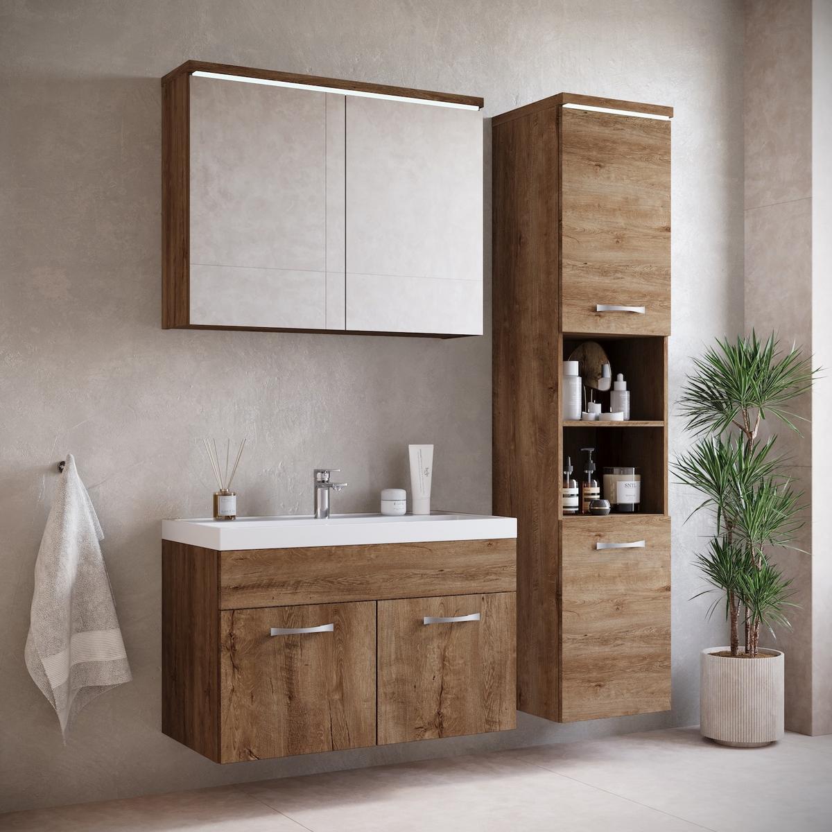 BADMÖBEL-SET Paso 2 Teile Braun Eiche - 80 x 35 x 55 cm - Eichefarben/Braun, Holz (80/55/40cm) - Badplaats