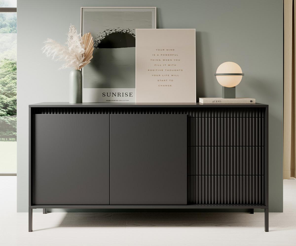 SIDEBOARD Trentinis 2T 3S Schwarz 153,5/81,4/39,5 cm – Geriffelten Fronten - Schwarz, Holzwerkstoff/Metall (153.5/81.4/39.5cm) - AX Living