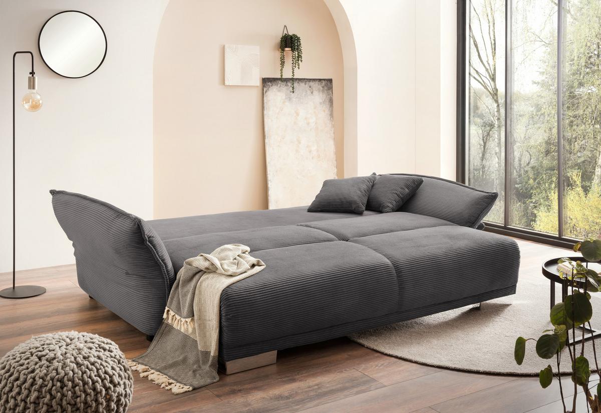 BIG-SOFA mit Schlaffunktion, Bettkasten, Federkern, Armlehnen verstellbar B242/T131/H90 cm, Liegefläche 168x199 cm, Cord Dunkelgrau / 17214 - Chromfarben/Dunkelgrau, Kunststoff/Textil (242/90/131cm) - luma-home