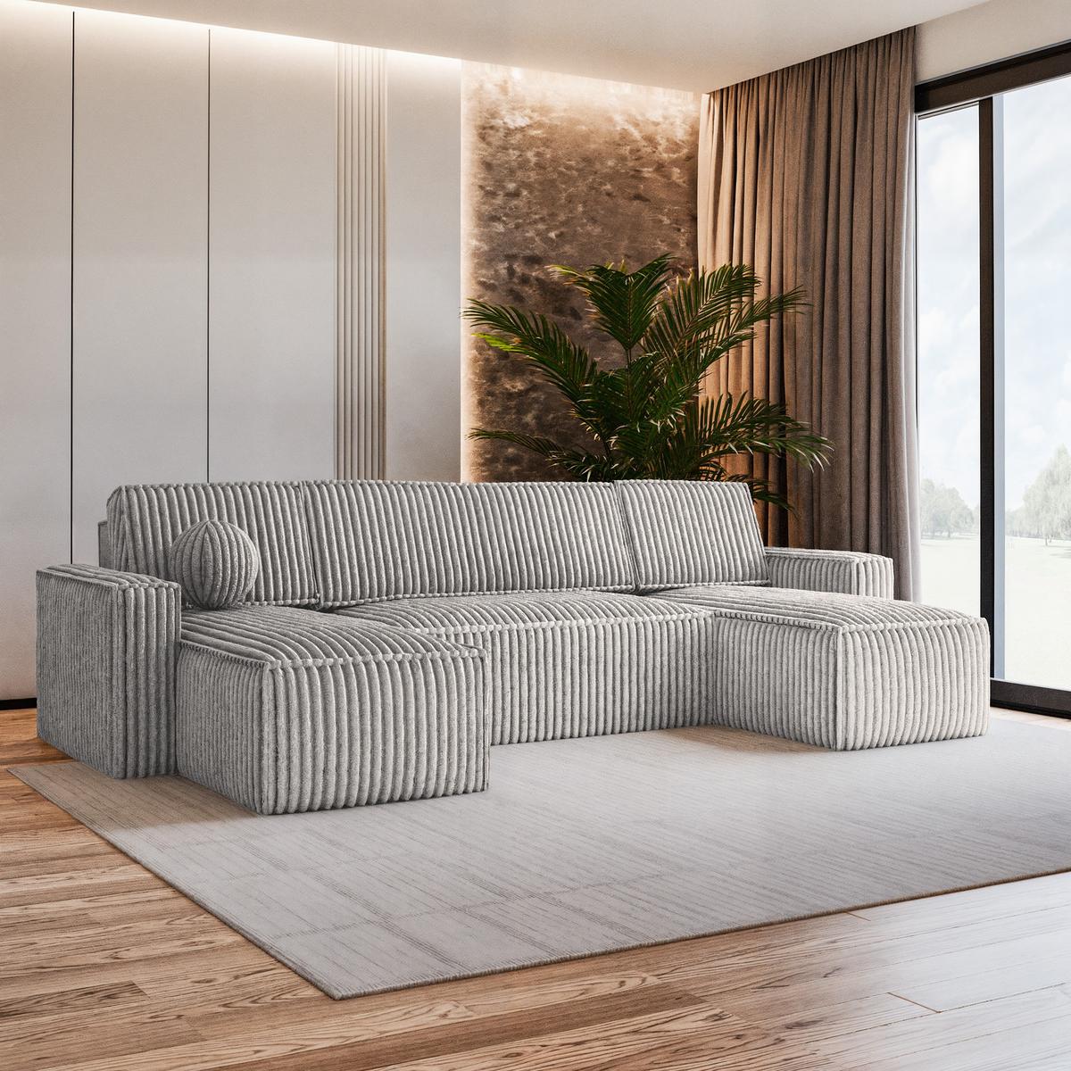 WOHNLANDSCHAFT PESANO T Hellgrau Kordstoff mit Schlaffunktion - Hellgrau/Grau, Holz/Kunststoff (306/85/140cm) - MASSENO