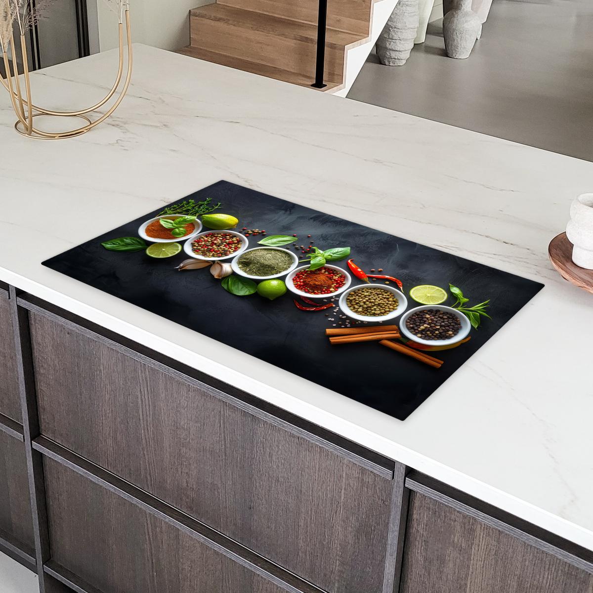 HERDABDECKPLATTE Kräuter - Gewürze - Konkrete Optik - Stilleben Induktionsschutz 91.2x52 cm - Multicolor, Kunststoff (91.2/52/0.2cm) - MuchoWow