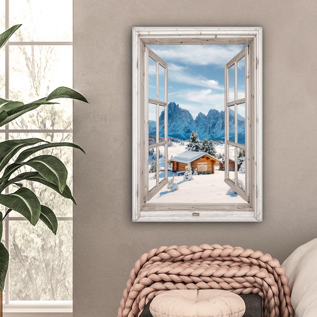 LEINWANDBILD Winterlandschaft - Hütte - Berge - Ausblicke - Aussicht - Natur Wanddeko 40x60 cm - Weiß Hochglanz, Textil (40/60cm) - MuchoWow