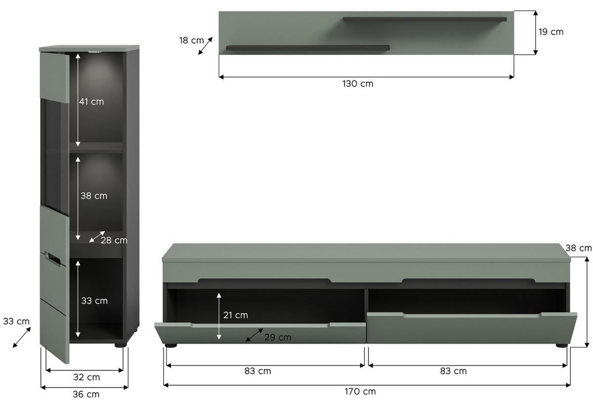 WOHNWAND Salbei grün, grau, Kombination 3-teilig 220 cm hängend oder stehend, Soft-Close - Salbeigrün/Schwarz, Glas/Holzwerkstoff (221/141/33cm) - Inn.Furn