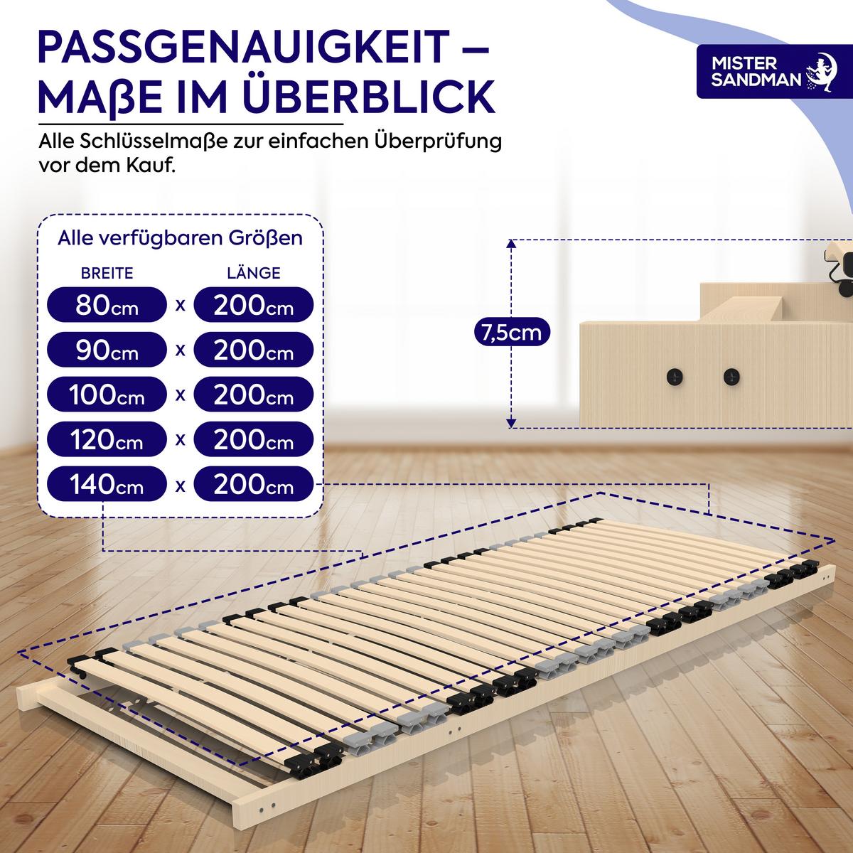 HOLZLATTENROST Birke 7-Zonen 120x200 cm – stabiler Bettrost aus Schichtholz mit Federleisten - Eschefarben, Holz (120/200cm) - Mister Sandman