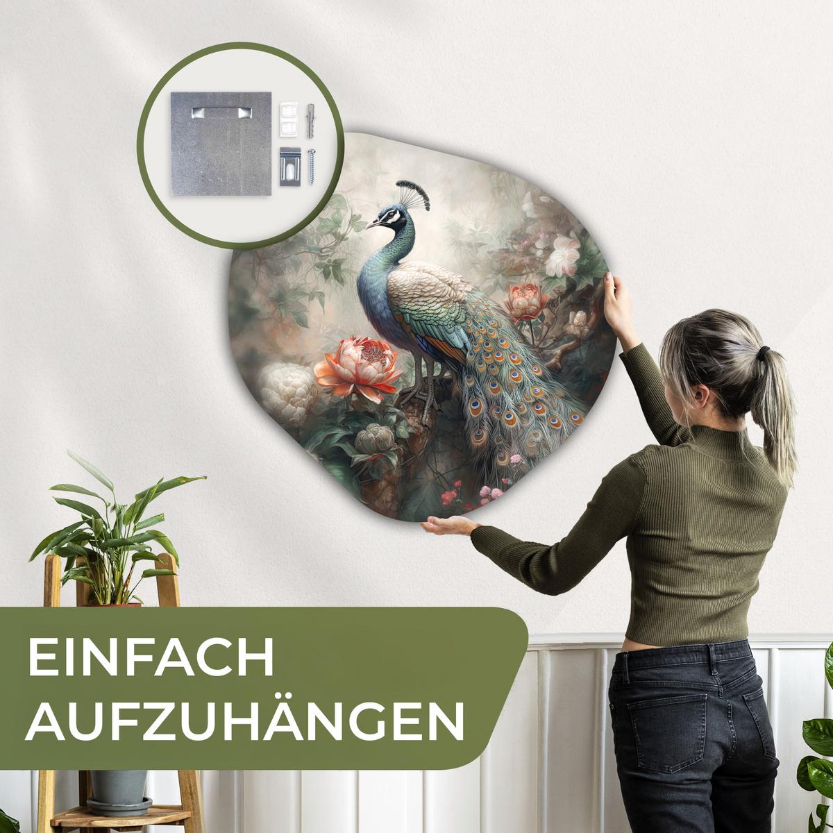 WANDBILD Pfau - Pfauenfedern - Vogel - Dschungel - Blumen Room Decor 90x90 cm - Smaragdgrün, Kunststoff (90/90cm) - MuchoWow