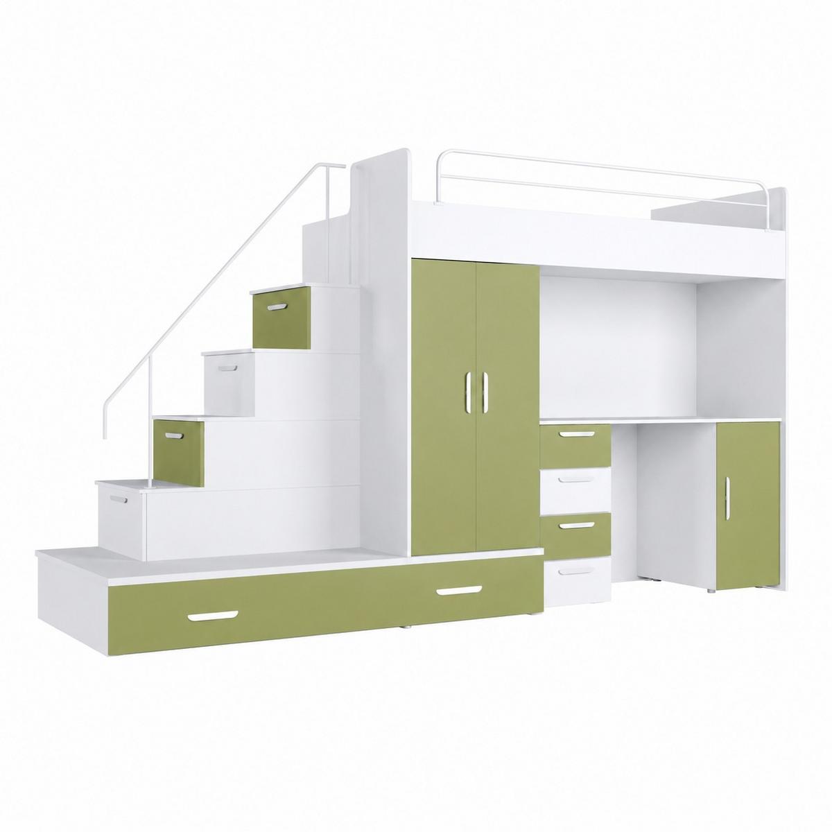 KINDERZIMMER Set RAJ 5, Matt mit Hochbett, Schrank und Schreibtisch - Weiß/Olivgrün, Holzwerkstoff (320/180/86cm) - Lookway