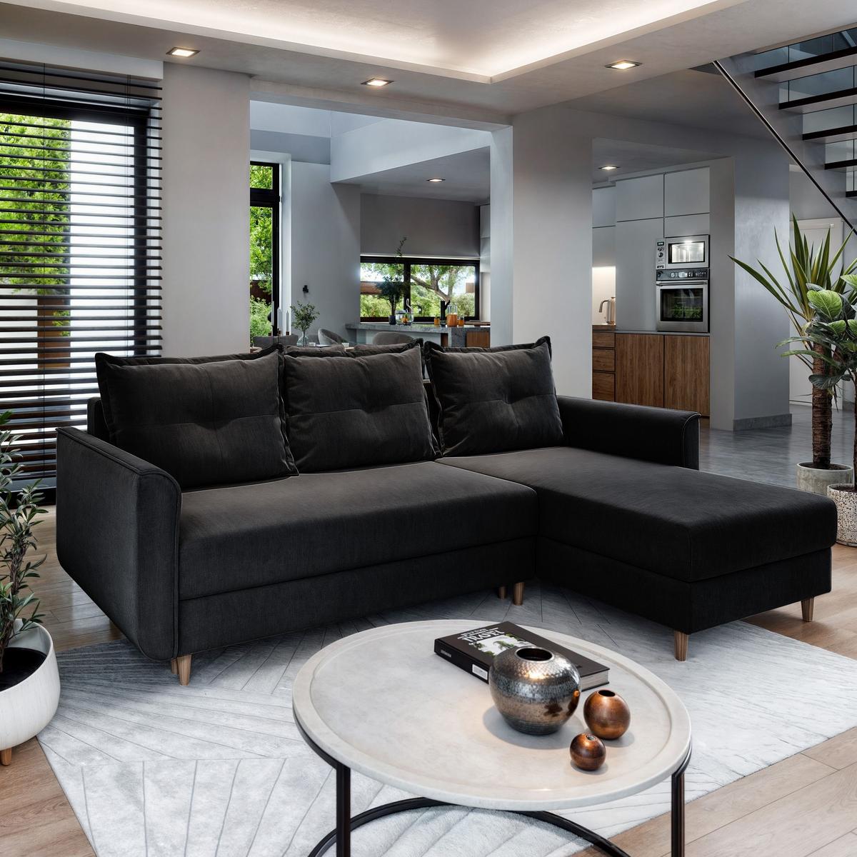ECKSOFA PISAN R-S Schwarz Plüsch-Stoff mit Schlaffunktion - Schwarz/Braun, Holz/Textil (220/140cm) - MASSENO