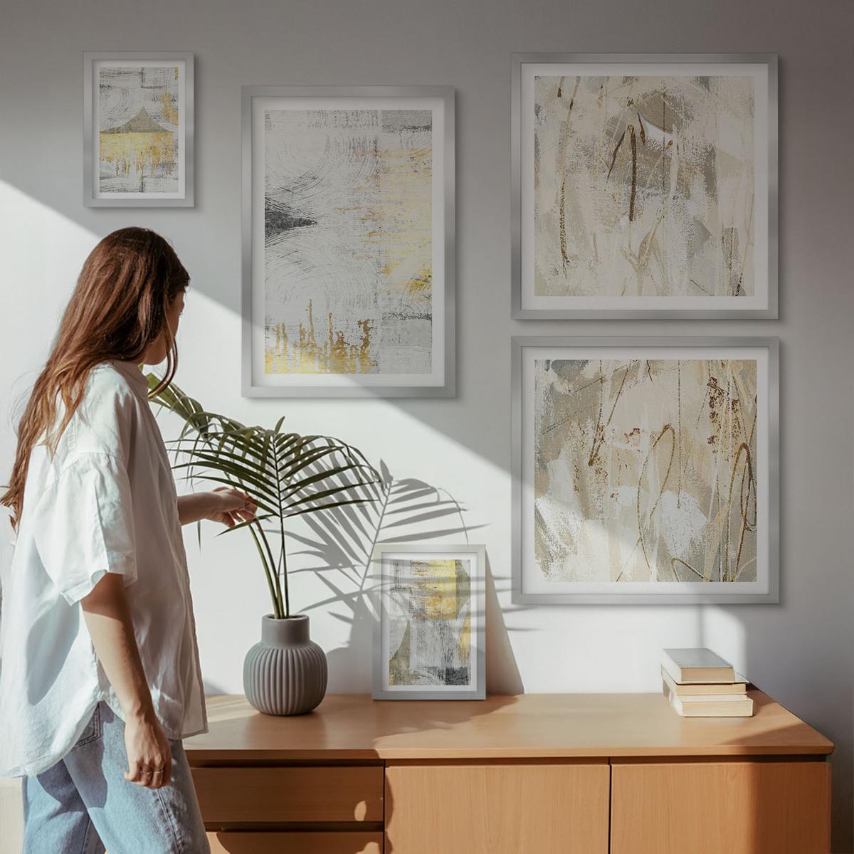 BILDER SET 5er Set - 50x50 cm & 20x30 cm & 40x60 cm Silberner Rahmen - Abstrakte minimalistische Muster - Silberfarben, Kunststoff (40/60cm) - TULUP