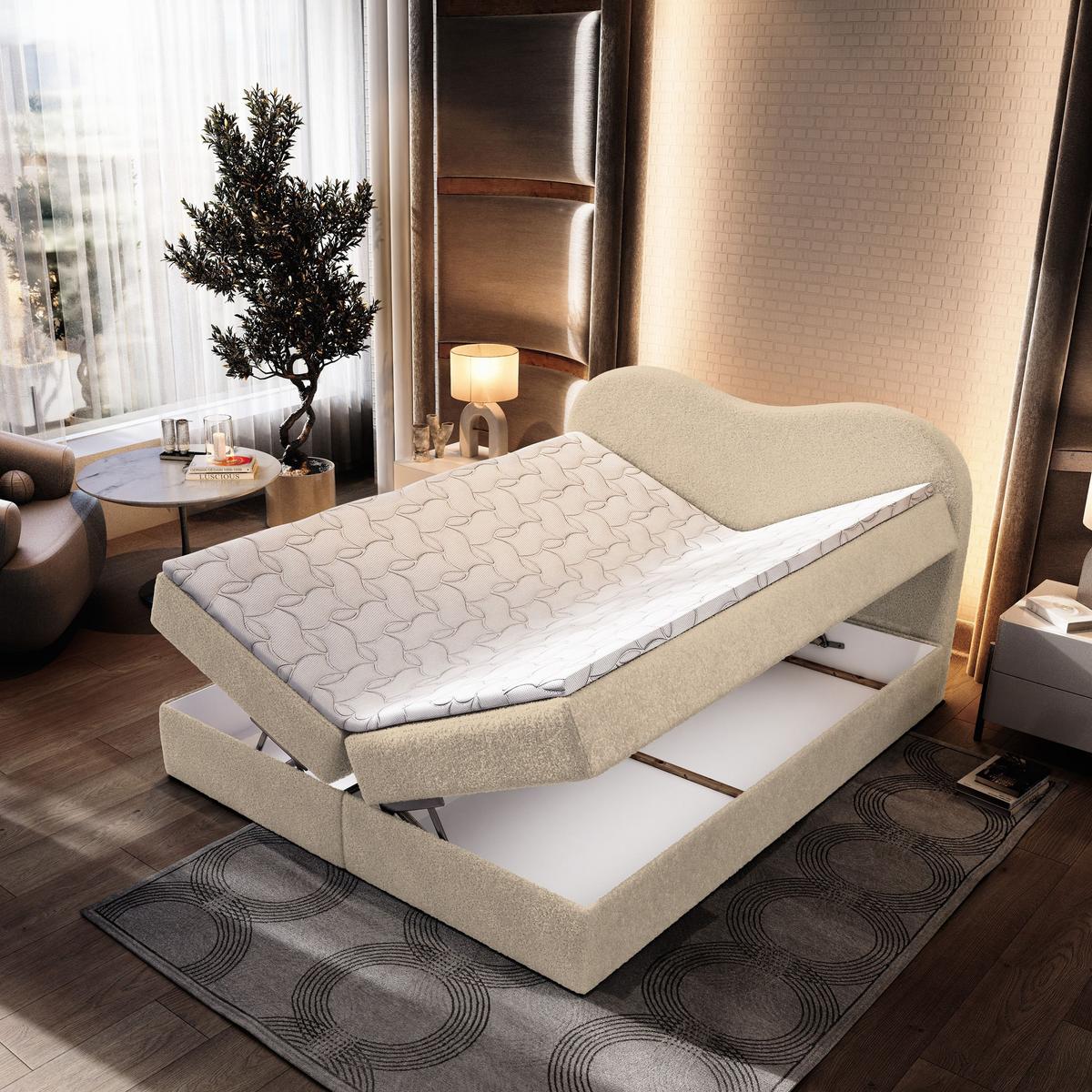 BOXBETT FLUVIA N 160x200 cm mit Matratze und Topper - Creme - Creme, Holz (160/200cm) - MASSENO