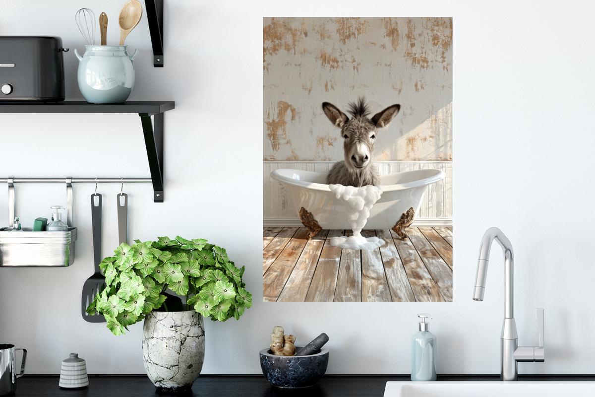 WANDTATTOO Esel - Tiere - Badewanne - Schaumstoff Wandbild 40x60 cm - Weiß, Kunststoff (40/60/0.1cm) - MuchoWow