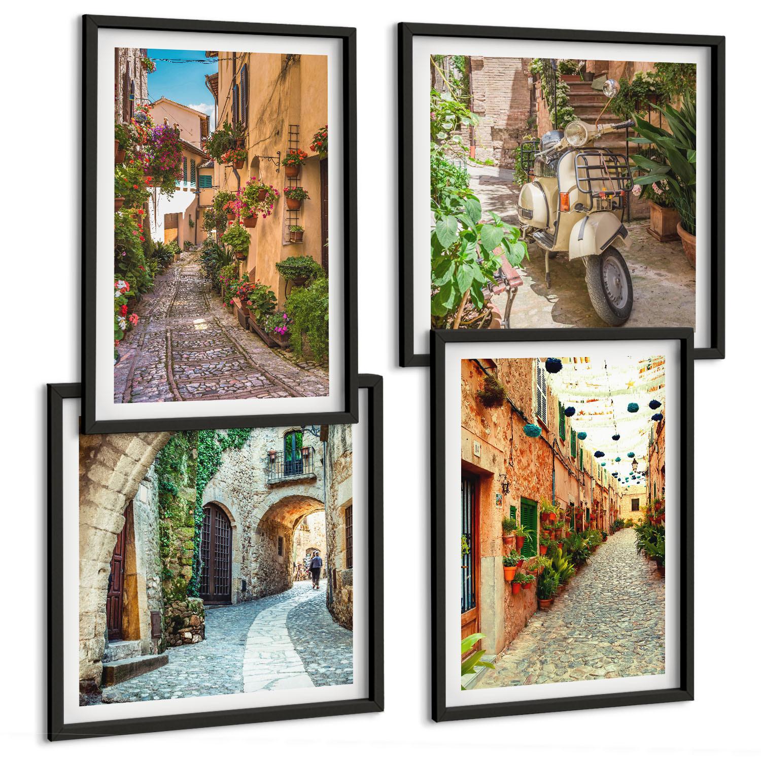 BILDER SET 4er Set - 50x50 cm & 40x60 cm Schwarzer Rahmen - Charmante italienische Straßen und Blumen - Schwarz, Kunststoff (50/50cm) - TULUP