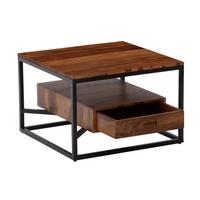 SOFATISCH Sheesham Massivholz und Metall, Quadratisch mit Schublade, Maße 60x60x40 cm - Schwarz/Braun, Holz/Metall (60/60/40cm) - KADIMA DESIGN