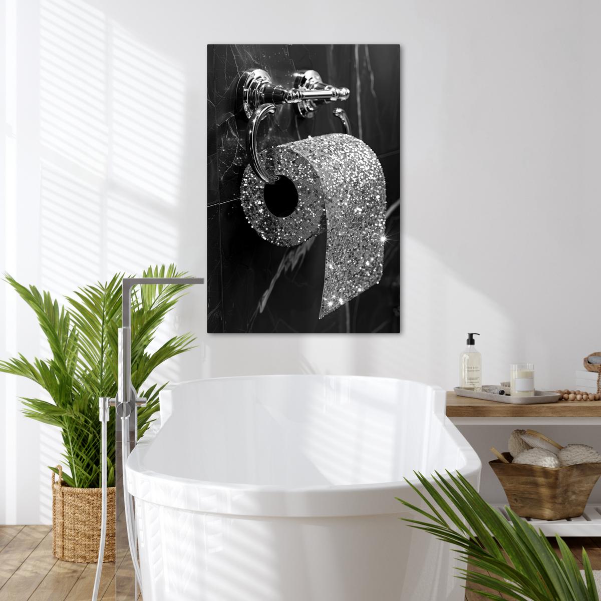 LEINWANDBILD WC - Toilettenpapier - Schwarz und weiß - Glitter Wanddeko Schlafzimmer 60x90 cm - Silberfarben, Textil (60/90cm) - MuchoWow