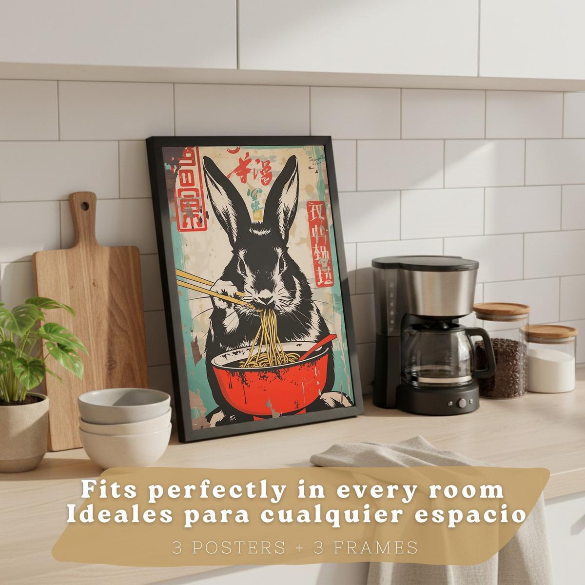 POSTER 3er Set Japanische Ramen Tier-Wandbilder Panda Tiger und Hase Nudeln Vintage Küche Wanddeko Schwarzer Rahmen A3 - Schwarz, Papier (29.7/1/42cm) - Nacnic